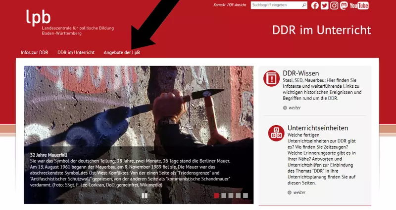 Die Startseite: Obere Leiste über dem großen Bild mit verschiedenen Bereichen.